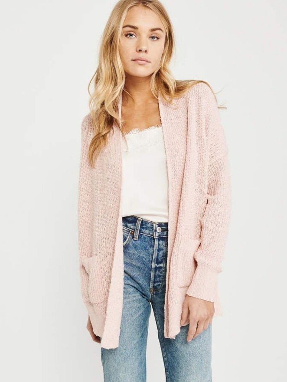 Abercrombie & Fitch Chunky Knit Open Front Cardigan Powder Pink Pastel, Small